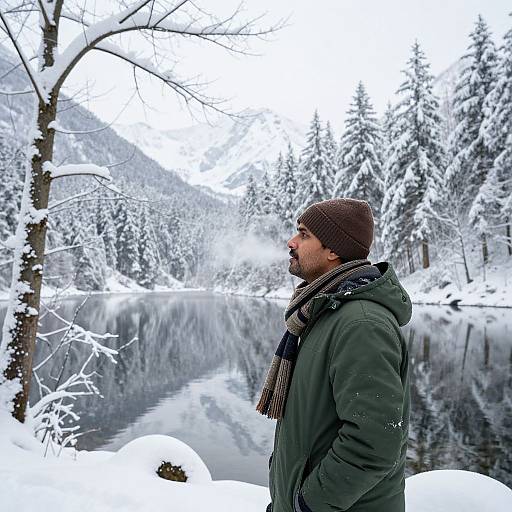 Photograph of a bearded man in a green coat and brown beanie, standing by a snow-covered lake, looking into the distance. Snow-l