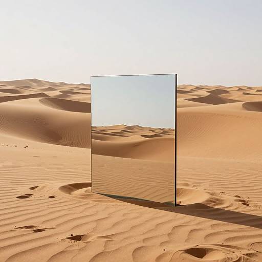 Photograph of a rectangular glass panel standing in a vast, sunlit desert with undulating sand dunes and clear blue sky.