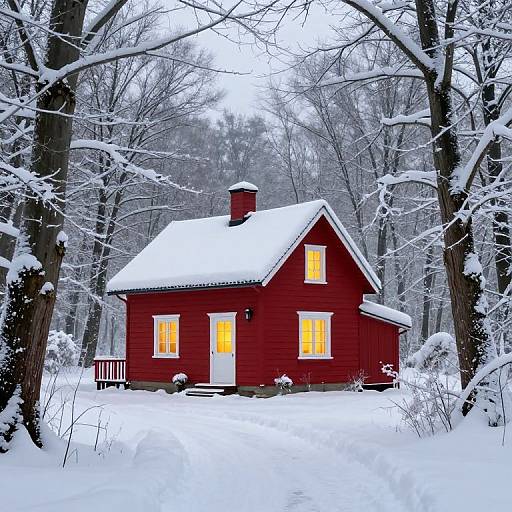Photograph of a red wooden cabin with glowing yellow windows, snow-covered roof and ground, surrounded by snow-laden trees in a winter forest.