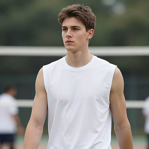 Photograph of a young, fair-skinned male with short brown hair, wearing a sleeveless white athletic shirt, standing outdoors on a tennis court with