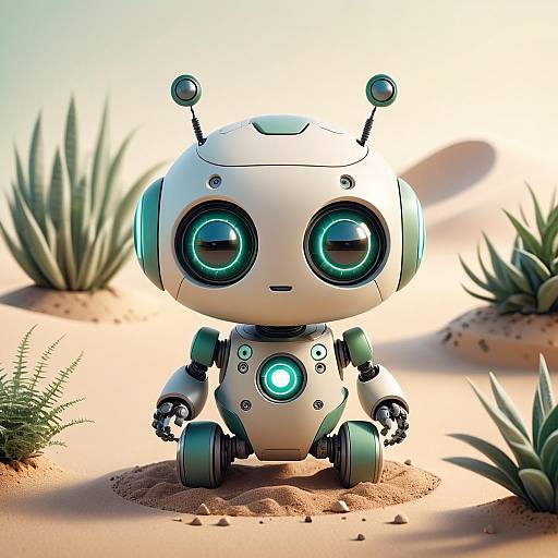 Cute Small Robot Sitting on Sandy Surface