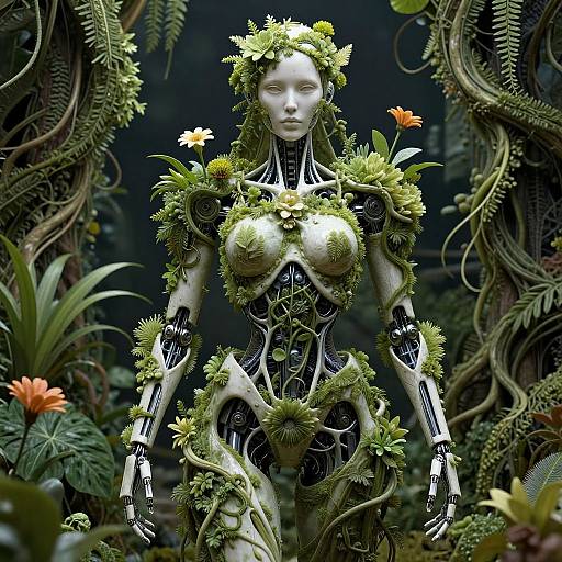 Digital art of a white-faced, humanoid robot adorned with green vines, flowers, and metallic armor, standing amidst a lush, dark jungle with orange flowers