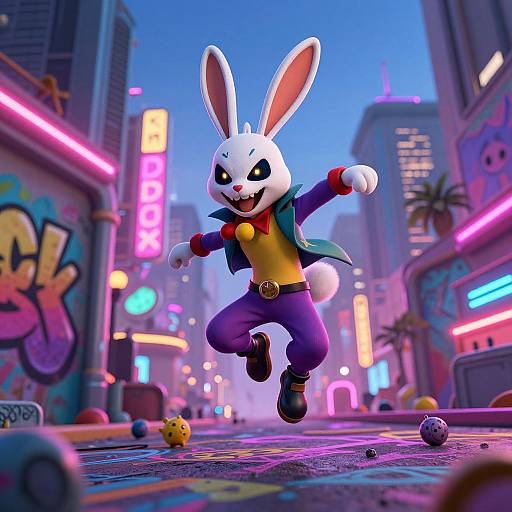 CGI image of a white bunny in a purple suit, green jacket, and red bowtie leaping in a vibrant, neon-lit urban street