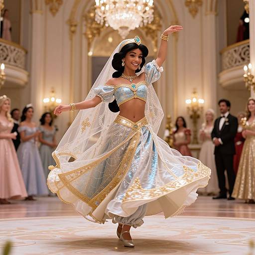 Photograph of a beautiful, dark-haired dancer in a silver and gold traditional Middle Eastern outfit, veil, and jewelry, performing in a grand, orn