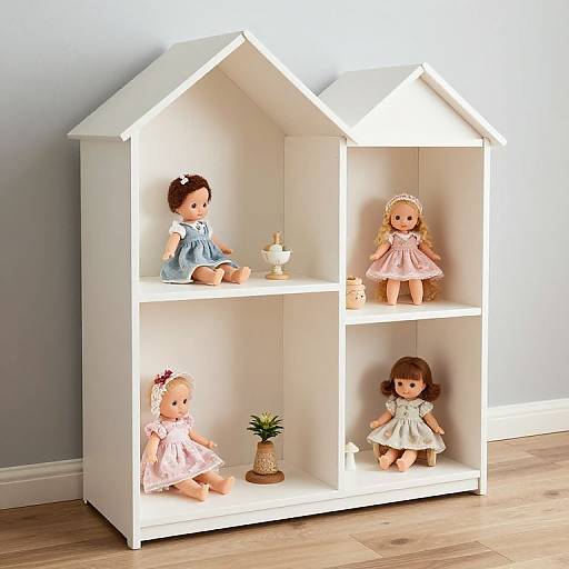 White Dollhouse Shelf with Four Vintage Dolls