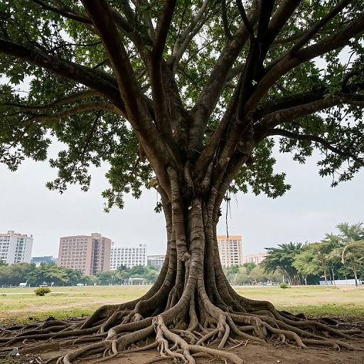 Photograph of a large, towering tree with thick, gnarled roots in a grassy park, with modern apartment buildings in the background.