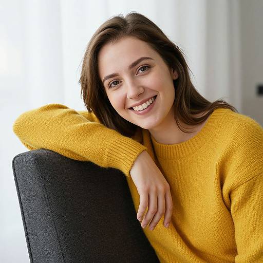 Photograph of a smiling young woman with brown hair, wearing a yellow knit sweater, leaning on a black chair against a bright white background.