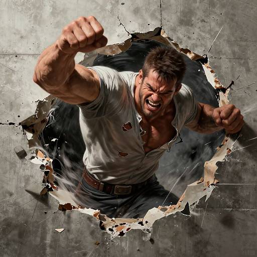 Photorealistic digital artwork of a muscular, angry man bursting through a concrete wall, fist raised, white shirt torn, intense expression.