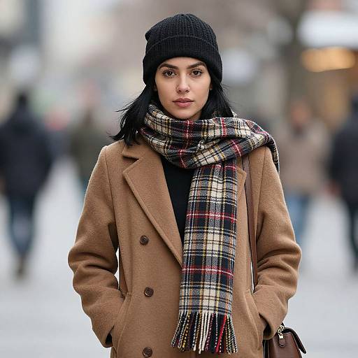 Photograph of a young woman with medium skin tone and black hair, wearing a black beanie, brown coat, and plaid scarf, standing in