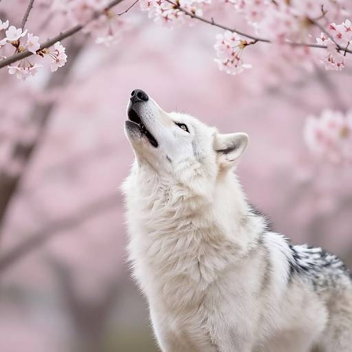Photograph of a white wolf with gray accents, head tilted upwards, howling under a blooming cherry blossom tree with pink flowers. Background is softly