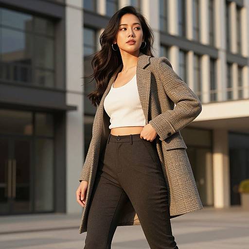 Photograph of an Asian woman with long black hair, wearing a white crop top, black high-waisted pants, and a grey herringbone
