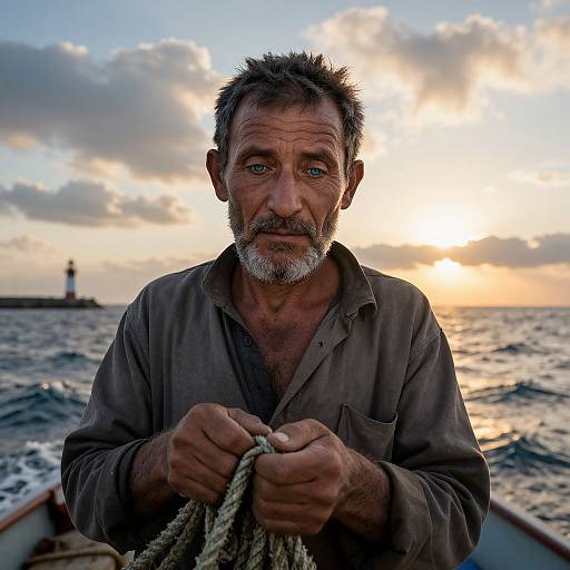 Photograph of a weathered, bearded man with piercing blue eyes holding a rope, standing in a boat at sunset, lighthouse in background,