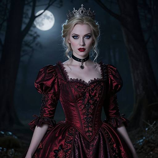 Photograph-style digital illustration of a pale-skinned, blonde queen with blue eyes, wearing a red, lace-embellished gown, black ch
