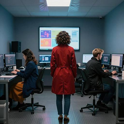 Blue Lit Room with Three Workers