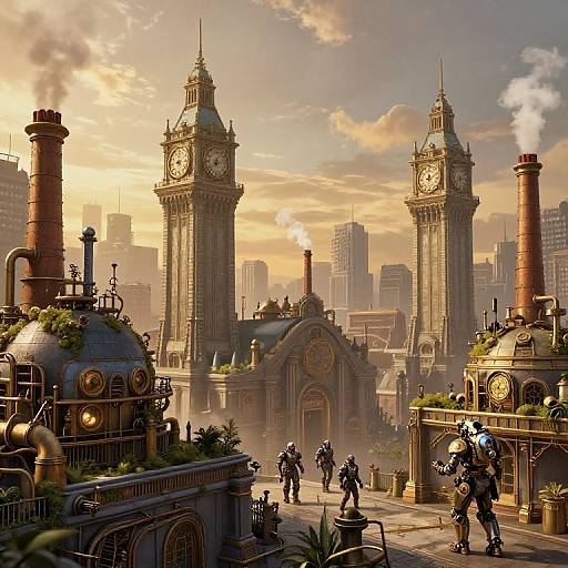 Steampunk cityscape at sunset featuring two clock towers, intricate buildings, and steam-powered machinery with people in Victorian attire. Digital art.
