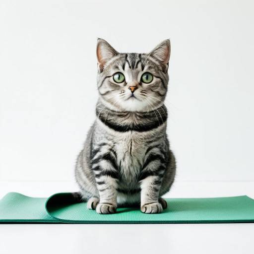 Chubby Grey Tabby Cat Sitting on Yoga Mat