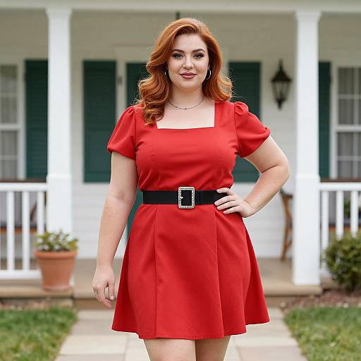 Photograph of a confident, fair-skinned woman with red curly hair, wearing a red dress, black belt with silver buckle, standing in front of
