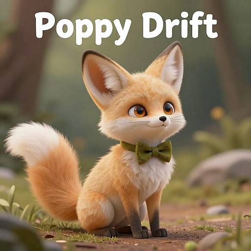 Photorealistic CGI of an adorable, fluffy orange-and-white fox with large ears, wearing a green bow tie, sitting in a forest, with 