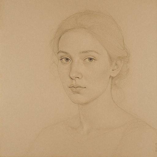 Sepia-toned pencil sketch of a young woman with delicate features, subtle expression, and simple background, focusing on her face and upper shoulders.