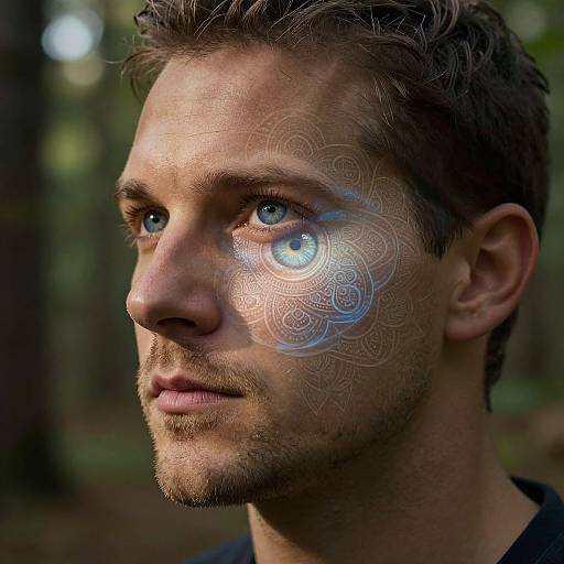 Photograph of a young man with short brown hair, blue eyes, and a slight beard, featuring a digital mandala pattern superimposed on his
