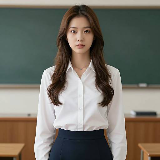 Photograph of an Asian woman with long brown hair, wearing a white button-up shirt and black skirt, standing in a classroom with a green chalkboard