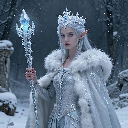 Digital fantasy artwork of an elf queen with silver hair, blue eyes, snow-white fur-trimmed cloak, icy crown, and crystal staff in a