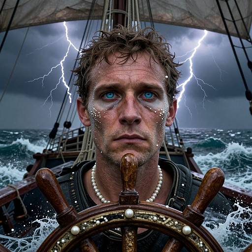 Photograph of a rugged, blue-eyed man with lightning-streaked face, wearing a pearl necklace, steering ship wheel during stormy seas.