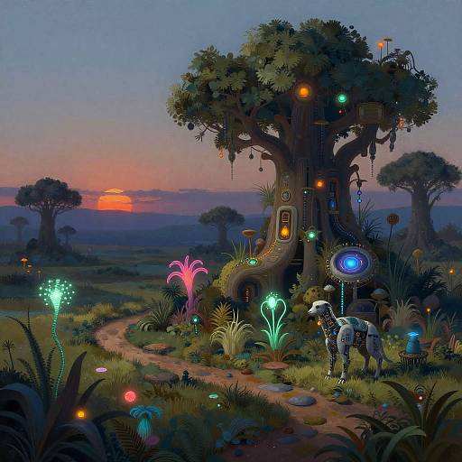 Fantasy digital artwork of a glowing, enchanted forest at sunset with a magical tree, glowing plants, and a luminescent creature.