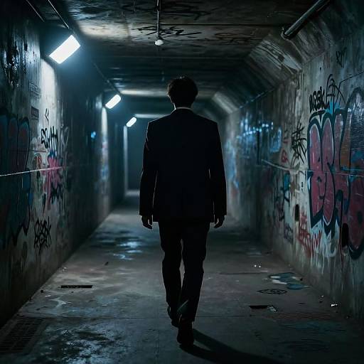 Photograph of a man in a dark suit walking down a dimly lit, graffiti-covered, underground tunnel with fluorescent lights.