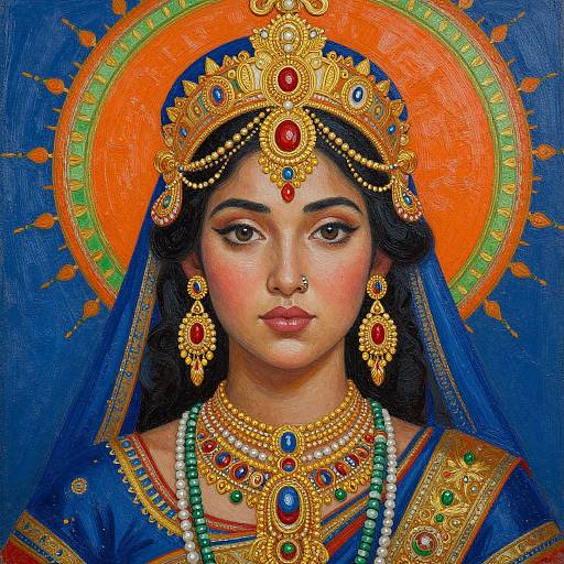 Digital painting of a regal South Asian woman with dark hair, wearing an ornate golden crown, jewelry, and blue veil, against a vibrant orange
