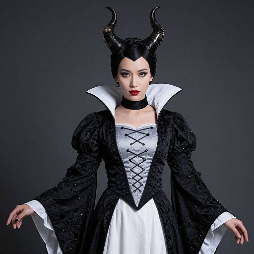 Photograph of a woman with pale skin and black hair, wearing a black and white gothic dress with high collar, black corset, and black