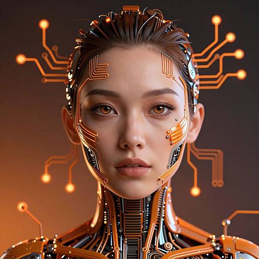 Digital CGI portrait of a futuristic, cybernetic Asian woman with glowing orange circuit patterns on her face and neck against a dark gradient background.