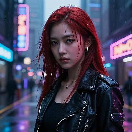 Asian Woman with Red Hair in Cyberpunk City