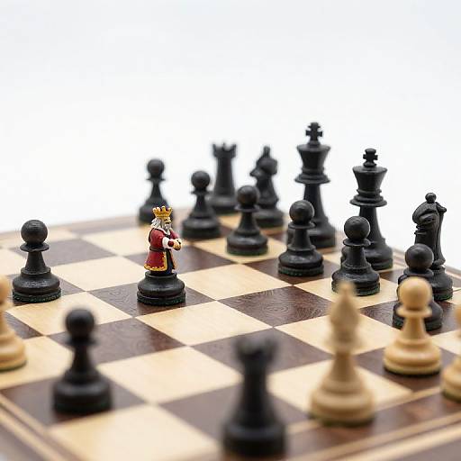 Close-up photograph of a chessboard with a small, detailed king pawn in red and gold, surrounded by black and white pieces.