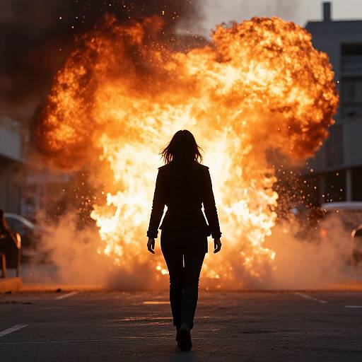 Photograph of a silhouetted person with long hair walking toward a massive, bright orange explosion in an urban street.