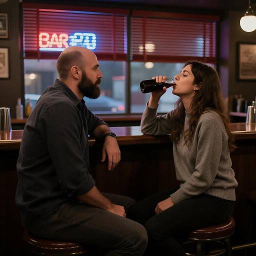 Couple in dimly lit bar drinking soda
