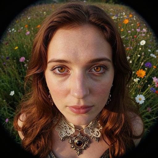 Close-up photograph of a fair-skinned woman with brown hair, amber eyes, wearing an ornate silver choker, set against a vibrant flower me
