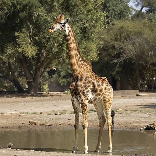 Giraffe by Waterhole in Sunlit Scene