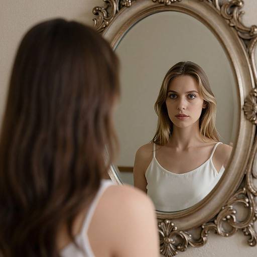 Photograph of a blonde woman with straight hair, wearing a white spaghetti strap top, staring intently at her reflection in an ornate, oval mirror