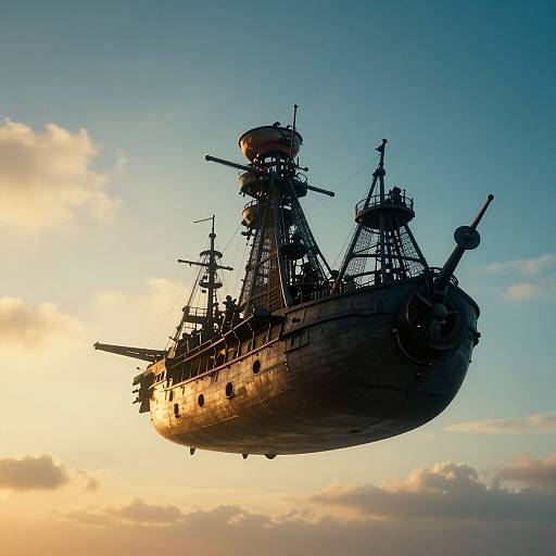 Photograph of a detailed, vintage-style airship with intricate masts and antennas, silhouetted against a golden sunset and blue sky.