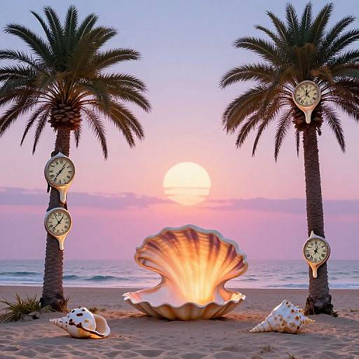 Photograph of a beach sunset with palm trees, a large seashell, six clocks, and seashells on sandy shore.