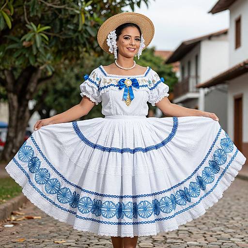 Photograph of a smiling Latina woman in a white, blue-embroidered, traditional dress, straw hat, pearl necklace, standing on a cob