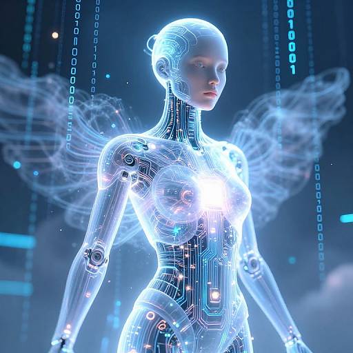 Digital CGI image of a glowing, translucent, humanoid robot with ethereal blue wings, illuminated circuitry, and futuristic blue background.