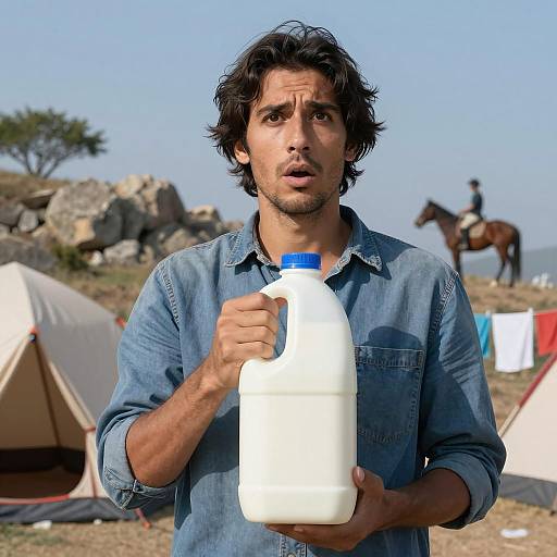 Surprised Man with Milk Jug in Nature