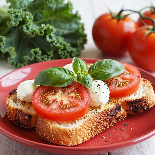 Close-Up Toasted Bread with Tomato and Basil