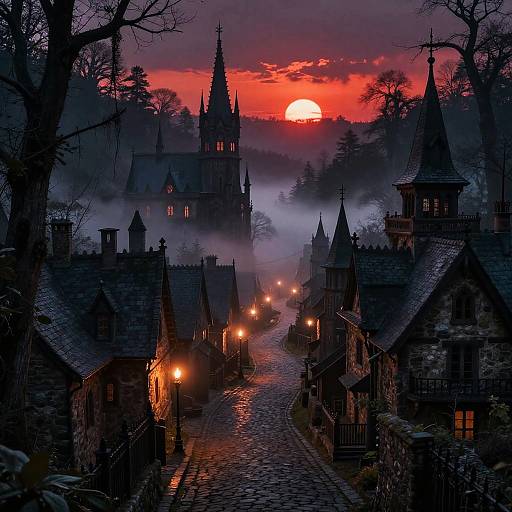 Photograph of a foggy, gothic village at sunset, with a red sky, glowing street lamps, cobblestone street, and dark,