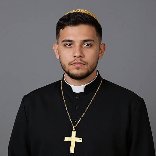 Photograph of a young male Catholic priest with olive skin, short black hair, and beard, wearing a black cassock, white collar, gold cross