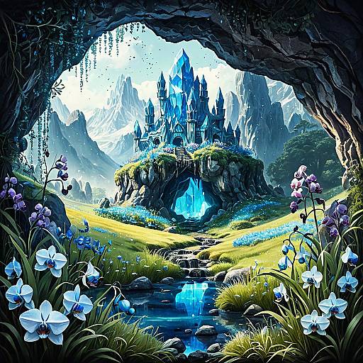 Serene Fantasy Meadow with Crystal Cave