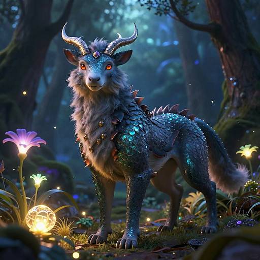Digital fantasy art of a glowing, horned, dragon-like wolf with shimmering scales and fiery eyes, standing in a mystical forest illuminated by enchanted flowers