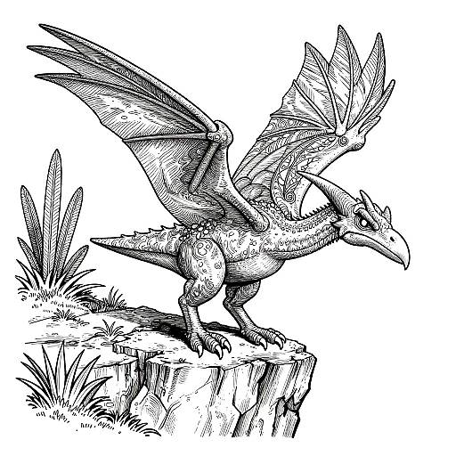 Ink drawing of a detailed, fierce raven-like creature with large wings, sharp beak, and textured feathers, perched on a rocky cliff